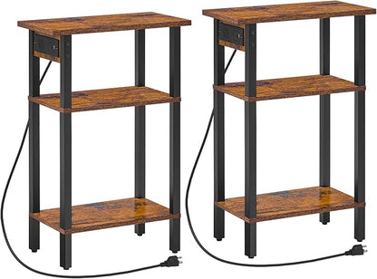 HOOBRO Narrow Side Table, Set of 2, 3-Tier Slim End Table with Charging Station, Skinny Nightstand with Open Storage, for Small Spaces, Living Room, Bedroom, Study, Rustic Brown and Black BF340UBZP201
