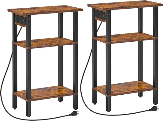 HOOBRO Narrow Side Table, Set of 2, 3-Tier Slim End Table with Charging Station, Skinny Nightstand with Open Storage, for Small Spaces, Living Room, Bedroom, Study, Rustic Brown and Black BF340UBZP201