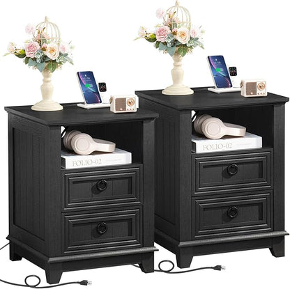 Joaxswe 18" Night Stands Set of 2 with Charging Station, Farmhouse 2 Drawers End Table Dresser for Bedroom, Black Wooden Nightstand, Bed Side Table with Open Shelf, Bedside Cabinet for Living Room