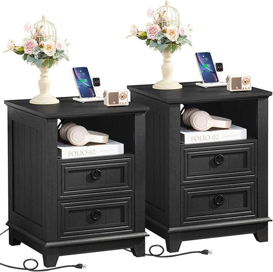 Joaxswe 18" Night Stands Set of 2 with Charging Station, Farmhouse 2 Drawers End Table Dresser for Bedroom, Black Wooden Nightstand, Bed Side Table with Open Shelf, Bedside Cabinet for Living Room