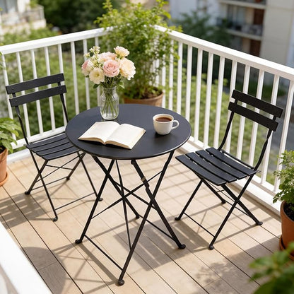 Grand patio 3-Piece Folding Bistro Set, 2 Chairs and 1 Table, Weather-Resistant Outdoor/Indoor Conversation Set for Patio, Yard, Garden-Black