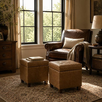 HomePop Square Tufted Storage Ottoman - Distressed Brown Faux Leather Small