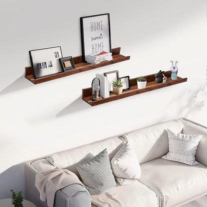 Muzilife 35.4" Large Floating Wall Ledge Shelves with Lip - Set of 2 Rustic Wood Floating Shelves - Honey Brown Wall Mounted Picture Ledge for Office, Bathroom, Bedroom, Living Room, Kitchen