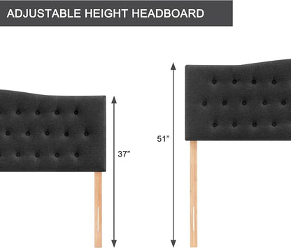 Tufted Headboard Full Size, Solid Wood Adjustable Height Head Board, Black | Upholstered Full XL Headboard Only with Durable Solid Wood Legs, Adjustable Height 37-51 in, Fabric Button Diamond HeadBoards