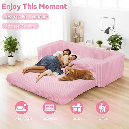 HABUTWAY 68" Loveseat Boneless Couch, 4-in-1 Convertible Sofa Bed, Plush Fur Folding Futon Sofa Bed Couches with 2 Pillows for Living Room, High-Density Foam Support, No Assembly Required, Pink