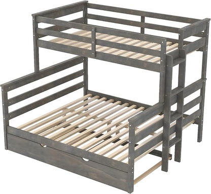 Merax Twin XL Over Queen Bunk Bed Wood Detachable Bunk Bed with Trundle & Ladder, Multifunction Bunk Bed,Can be Separated into 3 Beds, No Box Spring Needed,Space Saving,Gray