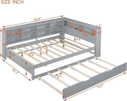 Bellemave Full Corner Bed Frame with Trundle, Wood Full Size Daybed with L-Shaped Bookcase，Daybed with Storage Cabinets, Gray
