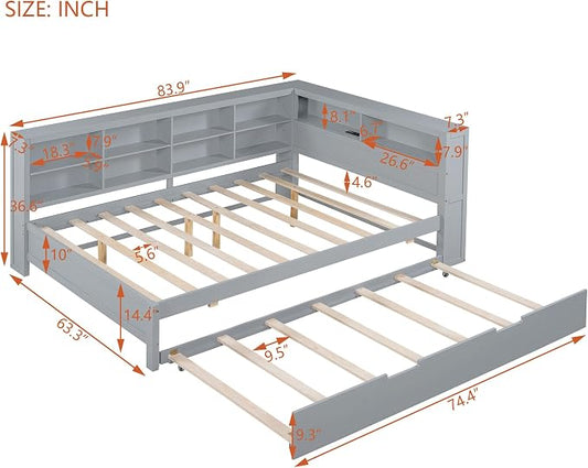 Bellemave Full Corner Bed Frame with Trundle, Wood Full Size Daybed with L-Shaped Bookcase，Daybed with Storage Cabinets, Gray