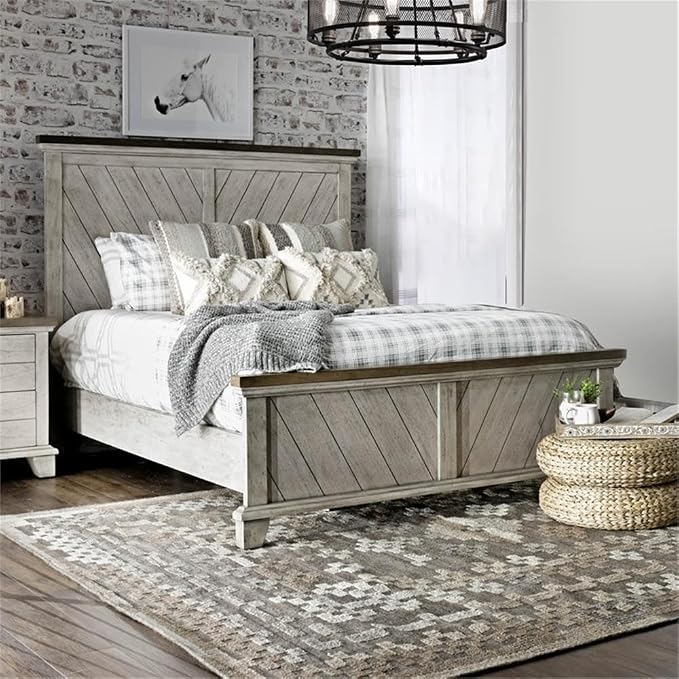 Pemberly Row Contemporary 4-Piece King Bedroom Set, Engineered Wood with Mindi Veneers, Gray Finish, Chevron Pattern, Includes Bed, Dresser, Mirror, Nightstand, Rustic Farmhouse Style