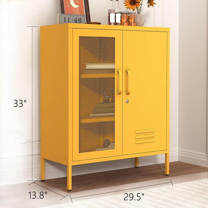 Locking Steel Storage Cabinet Shoe Cabinet for Living Room Bathroom Kitchen Left Wire Mesh Door Right Iron Door Yellow Size：33" H x 29.5" W x 13.8" D