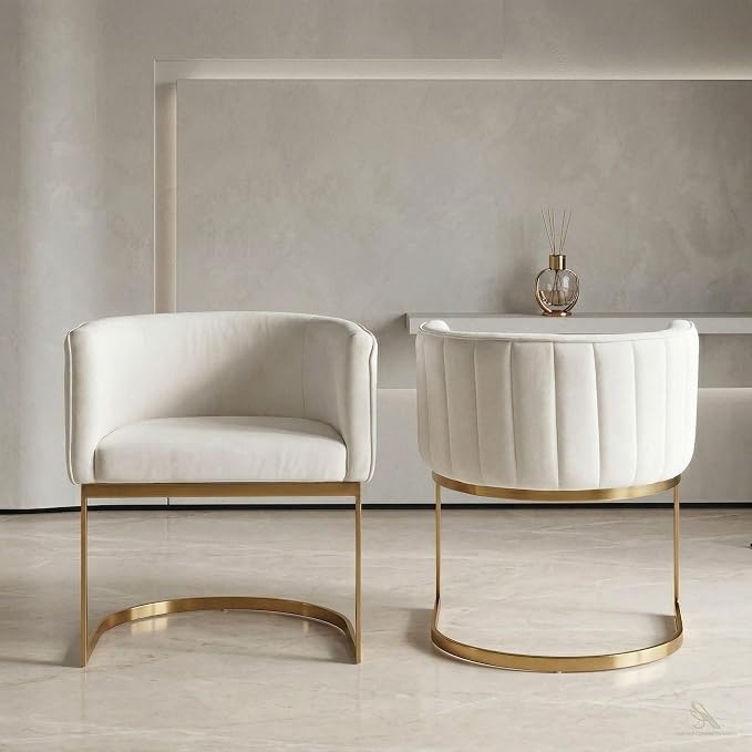 Hyfirm Beige and Gold Barrel Dining Chairs Set of 2, Modern Velvet Upholstered Accent Chairs with Curved Back for Kitchen Island, Luxury Comfort Seating Cantilever Metal Frame
