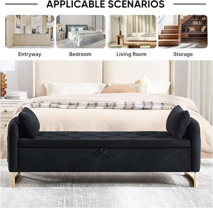 65" Storage Ottoman Bench, Chenille Storage Bench for Bedroom, End of Bed Storage Bench with Tufted Upholstered and Gold Legs, Bedroom Benches with Arms Window and Entryway, Black
