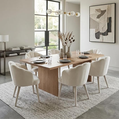 Hyfirm Velvet Dining Chairs Set of 6, Upholstered Modern Kitchen Dining Chairs with Petal Back & Fabric Covered Wooden Legs, Comfy Accent Armchairs for Bedroom/Kitchen/Vanity, Cream