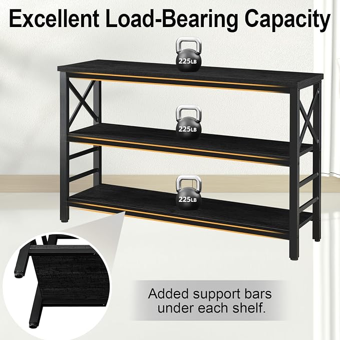 HOMBAZAAR Sofa Table,Industrial Console Table with Storage,Entryway Table with Engineered Wood and Metal,3 Tier Shelf for Living Room,Hallway,Black,47 Inch