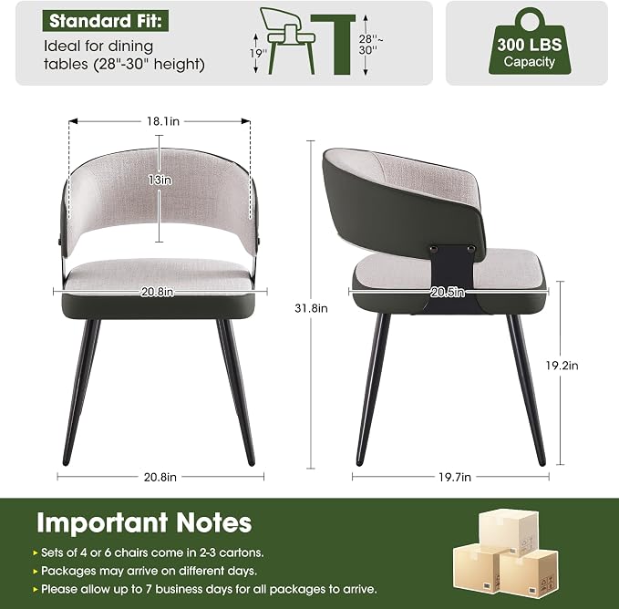 Dining Chairs Set of 2, Modern Upholstered Kitchen & Dining Room Chairs with Breathable Woven Fabric and Faux Leather Accents, Curved Open Back & Metal Legs (Beige Woven, Set of 2)