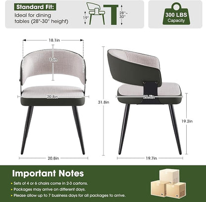 Dining Chairs Set of 2, Modern Upholstered Kitchen & Dining Room Chairs with Breathable Woven Fabric and Faux Leather Accents, Curved Open Back & Metal Legs (Beige Woven, Set of 2)