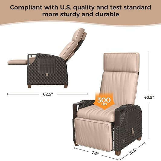 Grand patio Outdoor Recliner with Independent Adjustable Back and Footrest, Air Pump 150° Lay Flat Reclining Chair Removable Olefin Cushion Flip-Up Table Wicker Beige 1PC