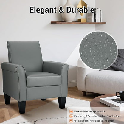 Mid-Century Modern Accent Chair, Overstuffed Leather Chairs for Living Room,Upholstered Comfy Club Chair Fake Faux Leather Armchair for Bedroom Apartment Office Lounge, PU Leather, Grey