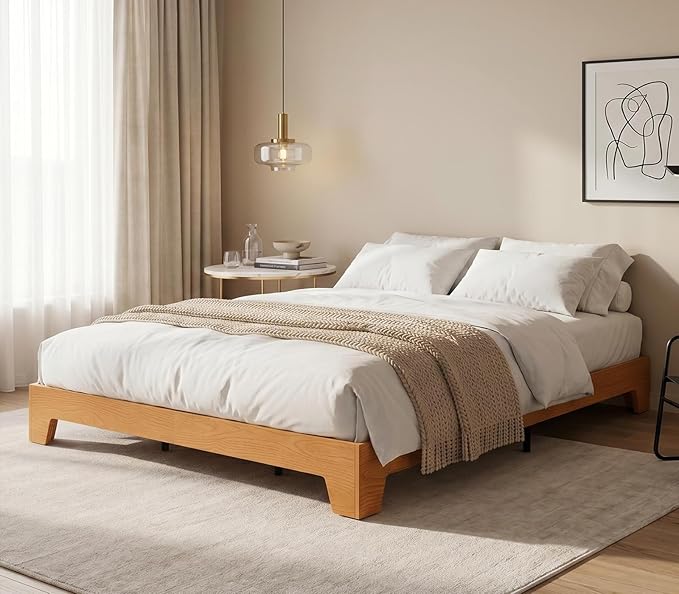 IDEALHOUSE Queen Size Wood Bed Frame,Platform Nature Bed with Strong Wooden Slats,No Box Spring Needed,Minimalist Bedroom Furniture,Contemporary Wooden Bed Frame,Easy Assembly