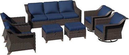 7 Pieces Patio Conversation Furniture Set - 1 Sofa, 2 Armchairs, 2 Ottomans, 2 Swivel Chairs, Outdoor Wicker Furniture with Removable Cushions for Porch, Balcony, Sunroom (Blue)