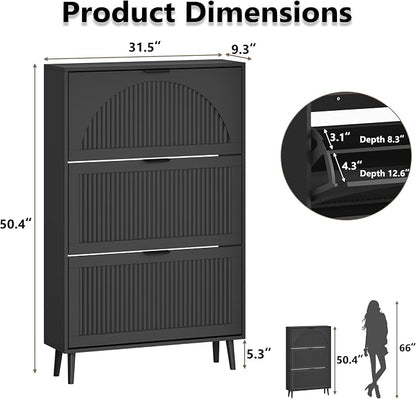 BORNOON Shoe Cabinet for Entryway with 3 Flip Drawers, Slim Wooden Shoe Storage Organizer with Modern Fluted Pannel，Freestanding Narrow Hidden Shoe Rack for Hallway, Foyer, Living Room