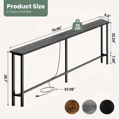 GRLEAF 70" Sofa Table with Built-in Power Strip (2 AC Outlets & 2 USB Ports) – 4.9ft Power Cord, Metal Frame, Easy Assembly, Long Couch Table Behind Sofa, Living Room and Home Office | Charcoal Gray