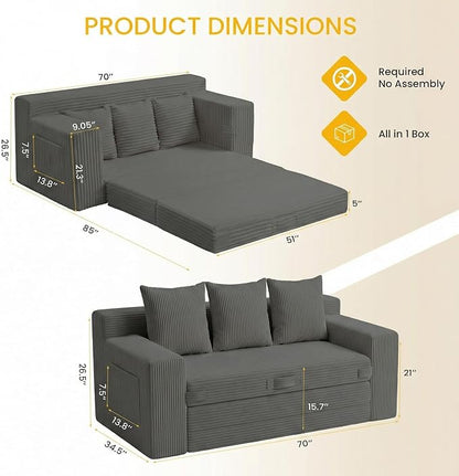 Boneless Couch,3 Seater Boneless Couch Bed – 3-in-1 Convertible Sleeper Sofa with Side Pockets & Handle,Pull Out Corduroy Futon for Small Space,Living Room & Bedroom, 3 Pillows Included,No Assembly