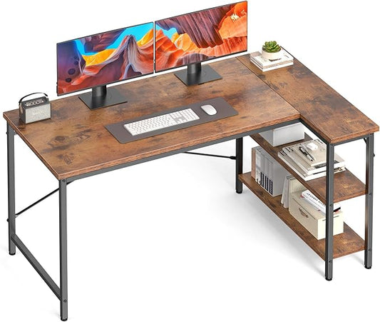 DUMOS L Shaped Desk 55 Inch Computer Desk Gaming Furniture Corner Desks Home Office PC Table with Reversible Storage Shelves for Writing Working Study Bedroom Dorm, Rustic Brown