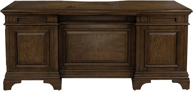 Pemberly Row Executive Desk, 72" W x 39" D x 31.25" H, Burnished Oak Finish, Wood Construction, Lockable File Cabinets, Felt-Lined Drawers, Bronze Hardware, Traditional Home Office Desk for Workspace