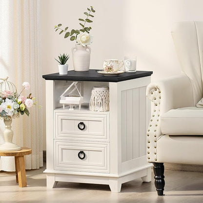 Joaxswe 18" Farmhouse Night Stands Set of 2 with Charging Station, 2 Drawers End Table Dresser for Bedroom， Wooden Nightstand, Bed Side Table with Open Shelf, Bedside Cabinet for Living Room（White）