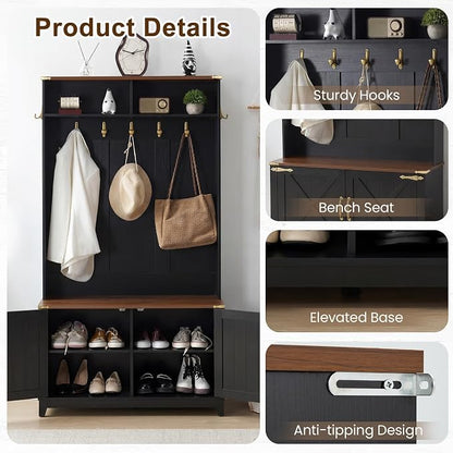 EROMMY 38" Farmhouse Hall Tree with Bench and Shoe Storage, Entryway Bench with Coat Rack, 2 Open Compartments, 7 Coat Hooks, Barn Door & Adjustable Shelf, Rustic Black and Brown