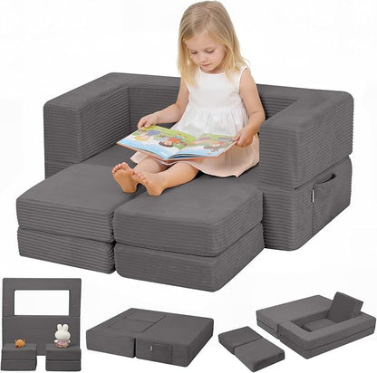 MeMoreCool Modular Kids Couch, Corduroy Play Toddler Couch for Bedroom Playroom Furniture, Convertible Foam Kids Sofa Bed, Fold Out Baby Sofa for Girl Boy, Dark Grey