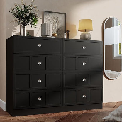 8 Drawer Dresser for Bedroom: 47" Black Chest of Drawers with Deep Drawers, Tall Modern Dresser with Storage, Fluted Wood Dressers for Bedroom, Living Room
