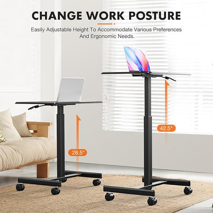Sweetcrispy Mobile Rolling Desk with Lockable Wheels, Small Standing Laptop Desks, Sit Stand Adjustable Height Table Portable, Computer Workstations for Home Office, Black