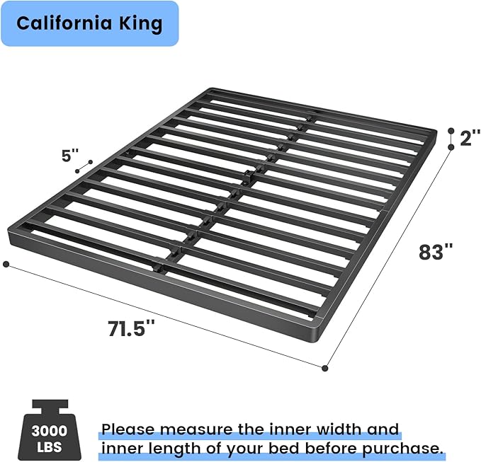 Superay 2 Inch California King Box Spring Low Profile, Heavy Duty Metal Box Spring Bed Base, Bunkie Board Bed Slat Replacement, Mattress Foundation, Easy Assembly, Noise Free