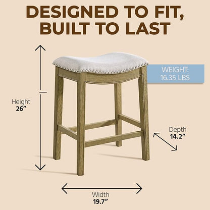 ROME + OAK Set of 2 Parker 26" Counter Stool, Backless Saddle Kitchen Barstool in Natural Wood Finish with Wheat Cream Fabric Upholstery Cushion Seat