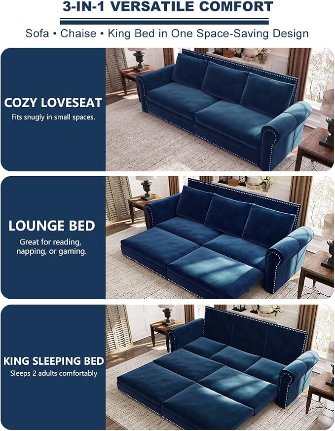 93.7" King Size Sleeper Sofa Bed, Pull Out Sofa Bed, Velvet Upholstery, 3 in 1 Convertible Sleeper Couch, Chaise Lounge, Retro Recliner for Living Room, Office, Apartment, Blue