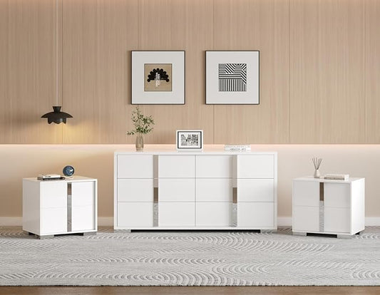 AMERLIFE 3 Piece Bedroom Set, Two 23.6" Nightstands & 6-Drawer Dresser, Silent Glide Drawers & Metal Handles, Modern High Gloss UV Finish, Dresser Set for Bedroom, White