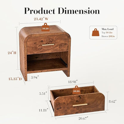 Night Stand Set of 2 [Unique Curved Profile] [FSC-Certified Wooden Board] 2-Drawer Nightstand 24" H Metal Handle Modern Sturdy Bedside Table Side Table End Table