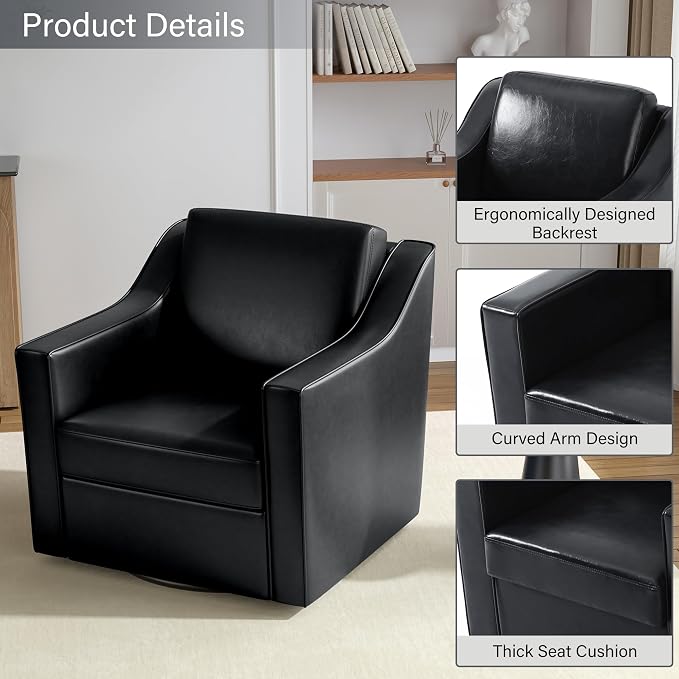 Faux Leather Swivel Accent Chairs Set of 2, 360° Swivel Upholstered Club Armchairs for Living Room, Comfy Single Sofa Reading Chair with Deep Seat, Metal Swivel Base, Black
