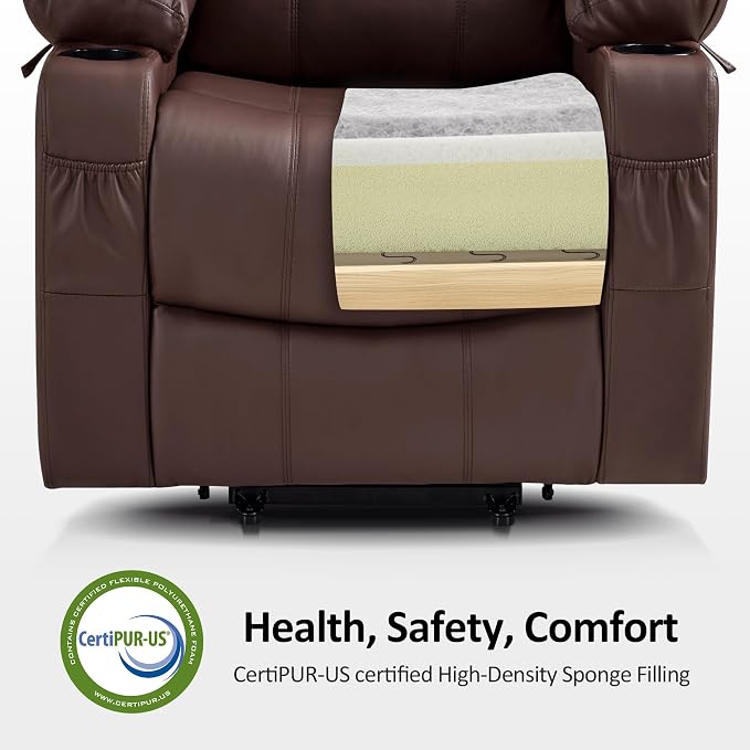MCombo Power Lift Recliner Chair for Elderly, Lift Chair with Heat and Massage, FSC Certified, USB Ports, Cup Holders, Faux Leather 7141 (Light Brown, Small)