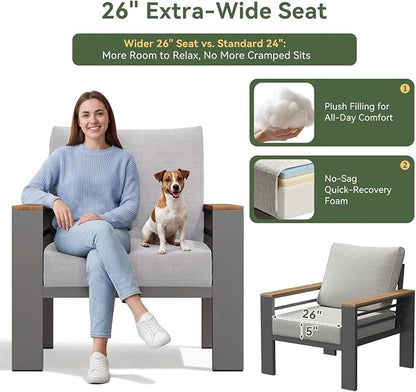 Aoxun Patio Furniture Set, Aluminum Patio Set with Fire Pit Table and 5" Thicken & Washable Cushion, Waterproof Outdoor Furniture, Outdoor Couch Sectional for Backyard (LS-7 Seats/F, Grey)