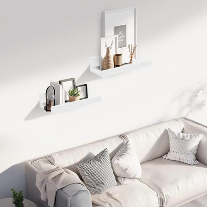 Muzilife 12" Small Floating Wall Ledge Shelves with Lip - Set of 4 Wood Floating Shelves - White Wall Mounted Picture Ledge for Office, Bathroom, Bedroom, Living Room, Kitchen