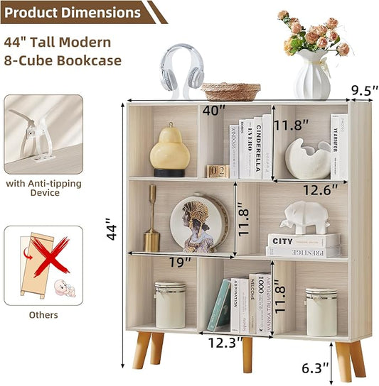 LEYAOYAO 8 Cube Bookshelf,3 Tier Bookcase with Legs,Light Grey White Mid-Century Modern Bookshelves,Large Open Storage Organizer Shelf, Wooden Book Case