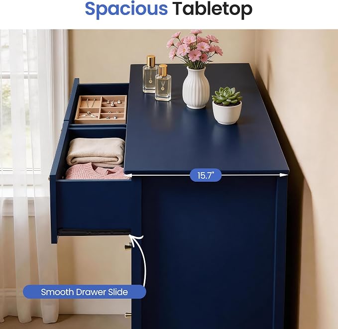 RoyalCraft 6 Drawer Dresser, Fluted Modern Wood Chest of Drawers, Long Dresser for Bedroom TV Stand Storage Cabinet for Living Room, Blue
