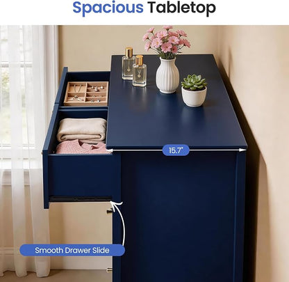 RoyalCraft 6 Drawer Dresser, Fluted Modern Wood Chest of Drawers, Long Dresser for Bedroom TV Stand Storage Cabinet for Living Room, Blue