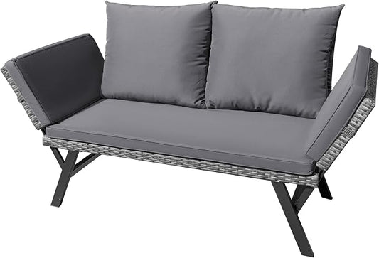 Greesum Outdoor Sofa, Woven Rattan Patio Furniture, Convertible Daybed or Double Chair with Adjustable Armrests, Cushions and Pillows for Yard, Porch, Pool, Gray Lounger & Blue Pillowcase