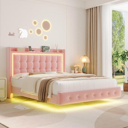 Keyluv Full Floating Bed Frame with Storage Headboard, LED Lights & Charging Station Platform Bed, Soft Upholstered Velvet, USB/Type-C Ports, Easy Assembly, Pink
