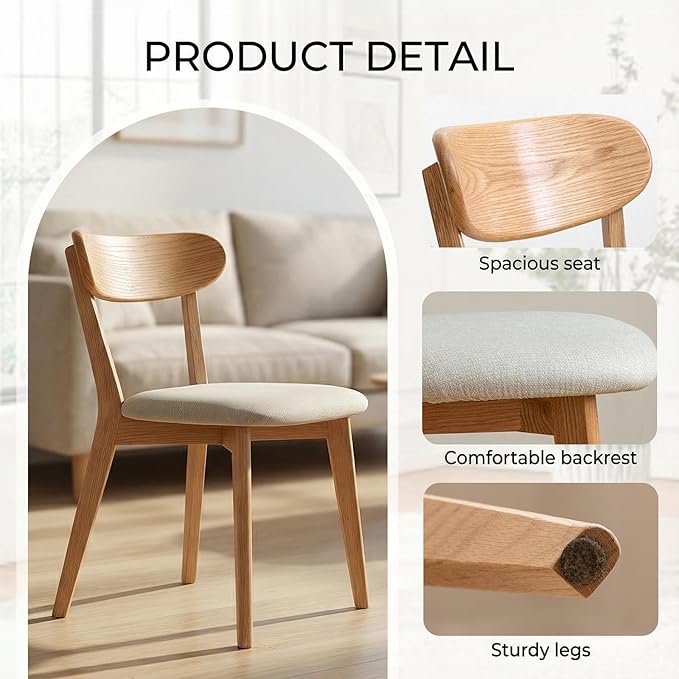100% Solid Wood Dining Chairs,Mid Century Modern Dining Chairs with Rounded Backrest,Kitchen,Dining Room Chairs Set of 1/2/4 (2, Original Color White Upholstery)