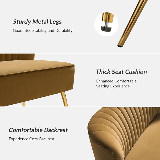 TINA'S HOME Mid-Century Velvet Loveseat Sofa, Upholstered Loveseat Couch with Golden Metal Legs, Small Tufted 2-Seat Sofa Armless Love Seat for Living Room Bedroom, Golden